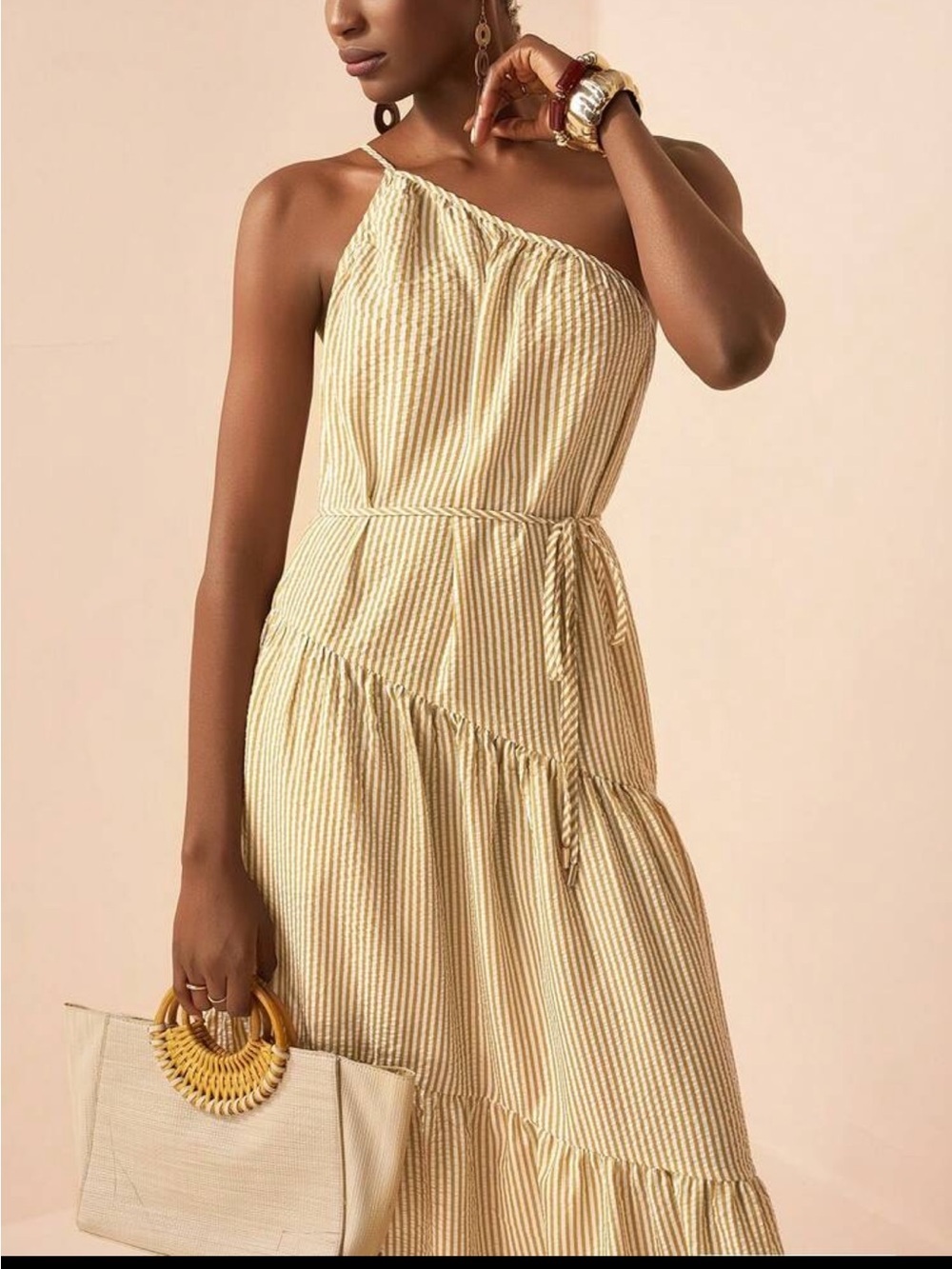 One-Shoulder Yellow Stripe Maxi Dress - Picture 4 of 9